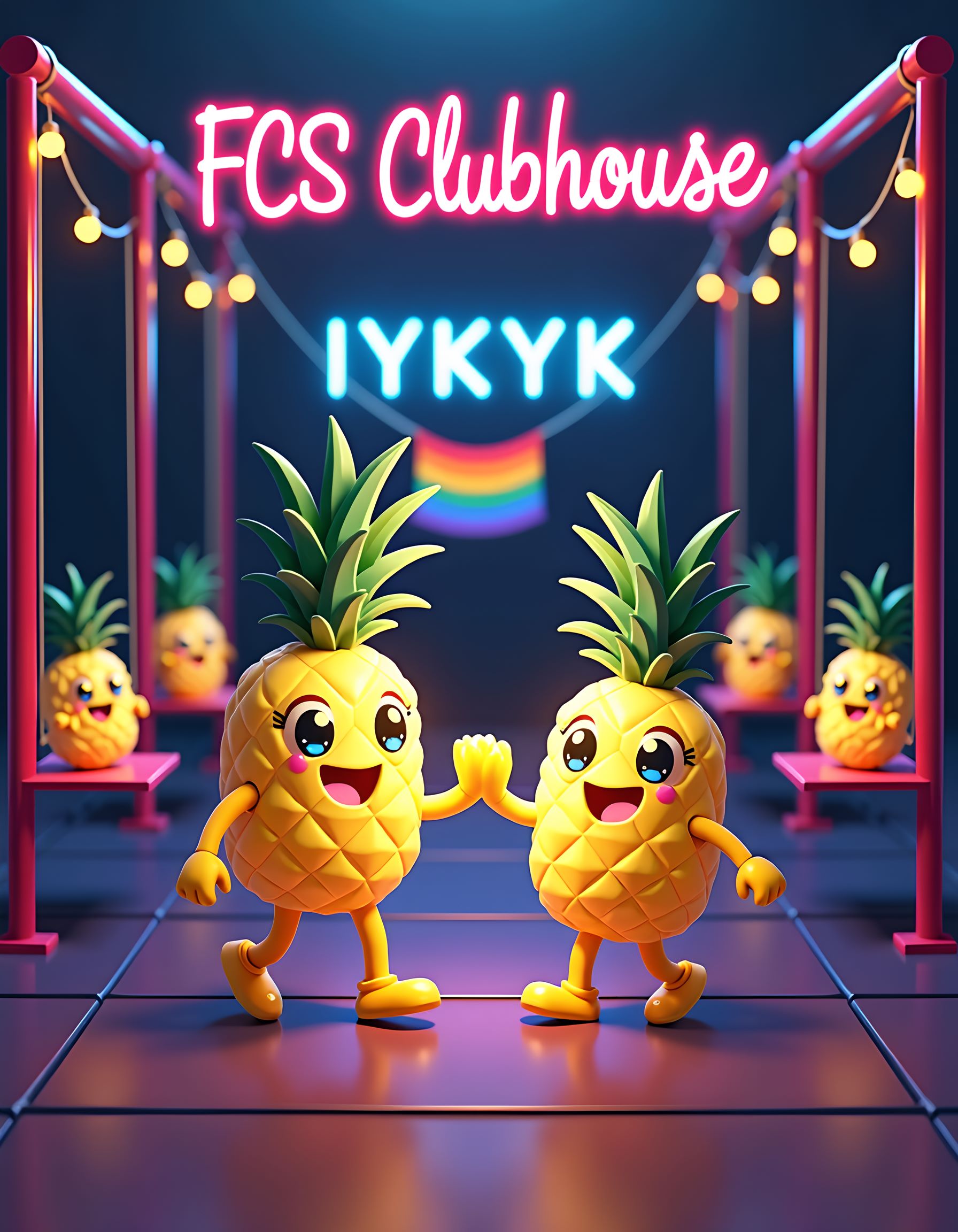 FCS Clubhouse Logo featuring cute pineapples and a neon sign